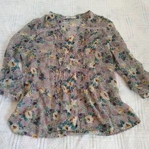 Floral print gray yellow 3/4 Sleeve Sheer Blouse